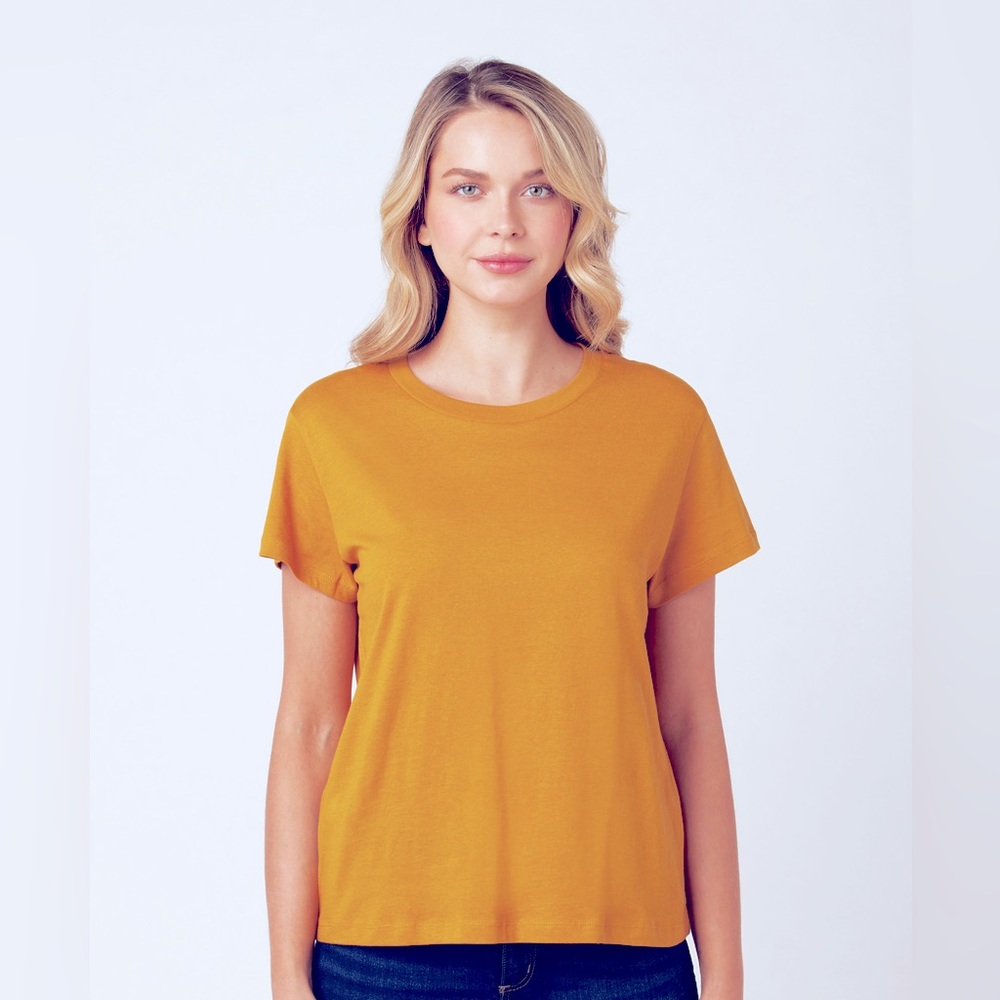 100% cotton USA made, good knit fabric soft comfy mustard color tee "chic" label
